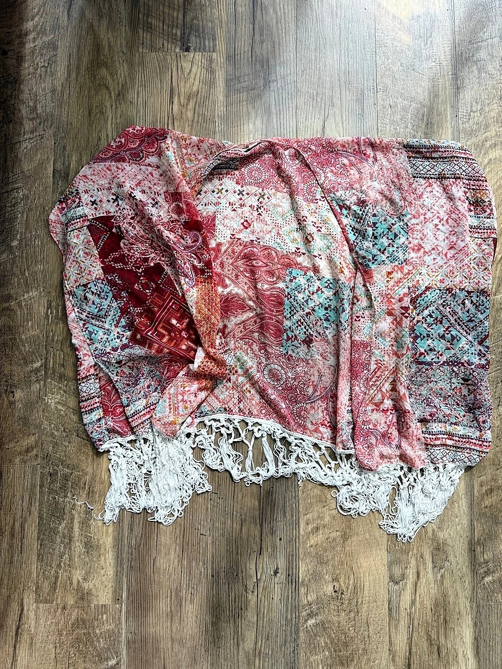 Garagé Printed Fringe Kimono in Pink & Red